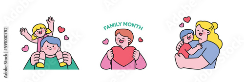 family month. People who appreciate their parents and love their children. Dad carrying his daughter on his shoulders. Person holding a heart. Mom embracing her son.