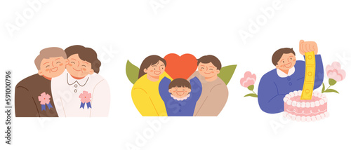 family month. People who appreciate their parents and love their children. Grandparents with carnation badges, happy family of three, event cake.