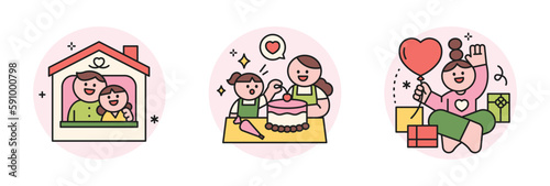 family month. People who appreciate their parents and love their children. Sweet home, mother and child cake making, event gifts.