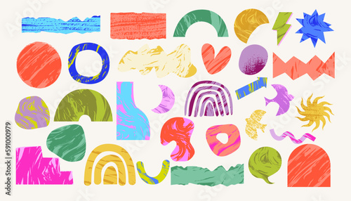 Set of colored Hand drawn Shapes and doodle objects, curves, dots. Abstract contemporary modern trendy collage. Editable Vector illustrations. 