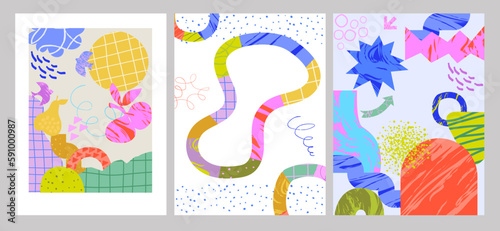 Poster template with various shapes and doodle objects. Abstract contemporary modern trendy cards.  Perfect for textile prints. Editable vector illustration