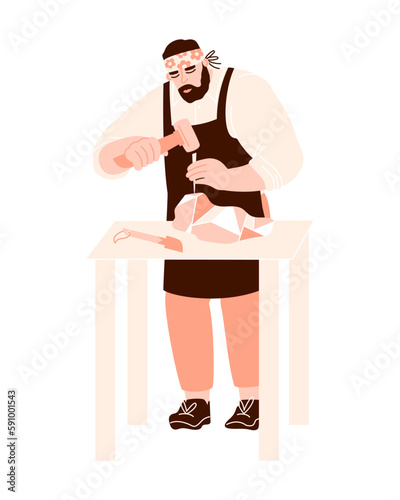 Male sculptor carving a piece of stone using chisel and hammer.  A man working on a sculpture. Vector flat illustration with stonecutter isolated on a white background photo