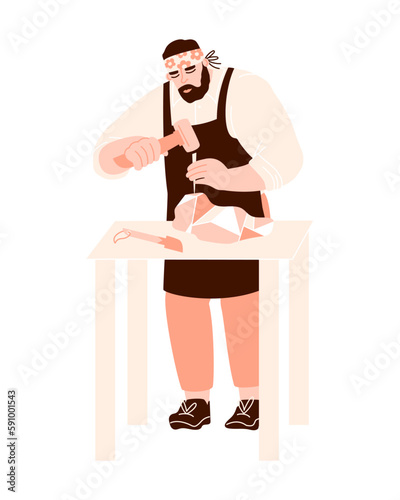 Male sculptor carving a piece of stone using chisel and hammer.  A man working on a sculpture. Vector flat illustration with stonecutter isolated on a white background