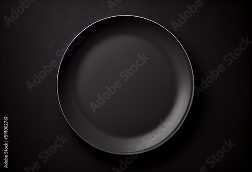Empty round black plate on dark moody dark background with copy space. Overhead view. Generative AI
