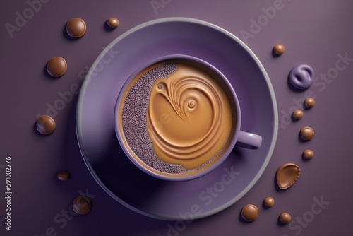 a cup of coffee next to a purple surface with a purple background. generative ai