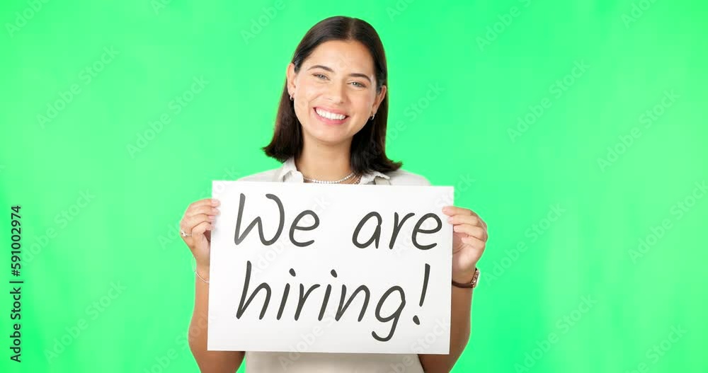 Woman with hiring sign, job advertising on green screen and smile, mockup with portrait. Billboard, poster and happy female with board with text, work opportunity and recruitment on studio background Woman with hiring sign, job advertising on green screen and smile, mockup with portrait. Billboard, poster and happy female with board with text, work opportunity and recruitment on studio background