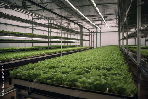 Agriculture concept. Future vegetables growing factory or greenhouse. Future food production. Abstract factory visualization. Generative AI