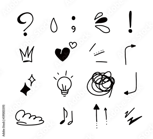Doodle cartoony expression sign set on white background. Cute hand drawn line movement elements, emoticon effects. Isolated vector illustrations