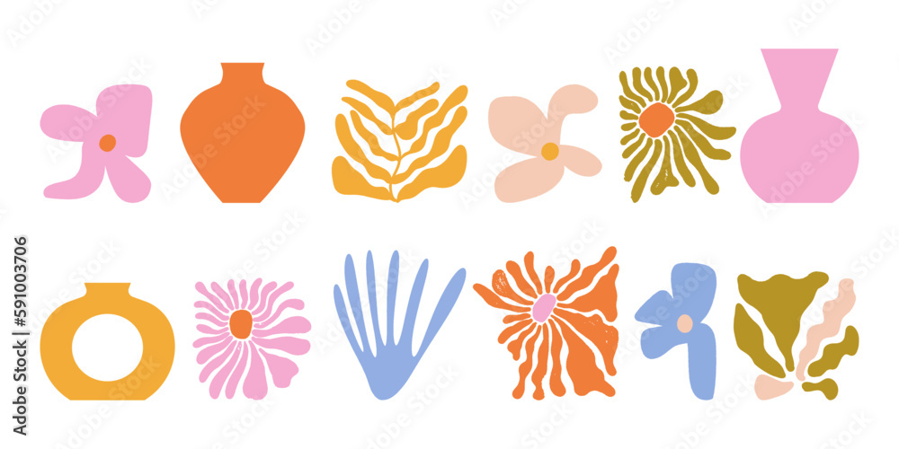 Set of abstract organic curve shapes inspired by Matisse. Groovy flower, leaf, algae, vase in trendy retro hippie 70s style. Modern vector illustration for logo, decoration, print Set of abstract organic curve shapes inspired by Matisse. Groovy flower, leaf, algae, vase in trendy retro hippie 70s style. Modern vector illustration for logo, decoration, print