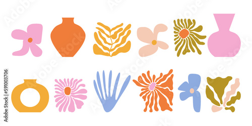 Set of abstract organic curve shapes inspired by Matisse. Groovy flower, leaf, algae, vase in trendy retro hippie 70s style. Modern vector illustration for logo, decoration, print