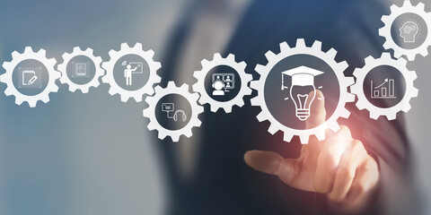 E learning technology concept. Online education, webinar, online courses. AI and machine learning enhance personalised learning. Digital training to employee, compliance, customer, partner.