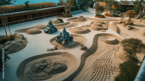 A mesmerizing fusion of two uncharacteristic concepts: a serene zen garden with neatly arranged stones and loosened sand in the soft morning light, photo