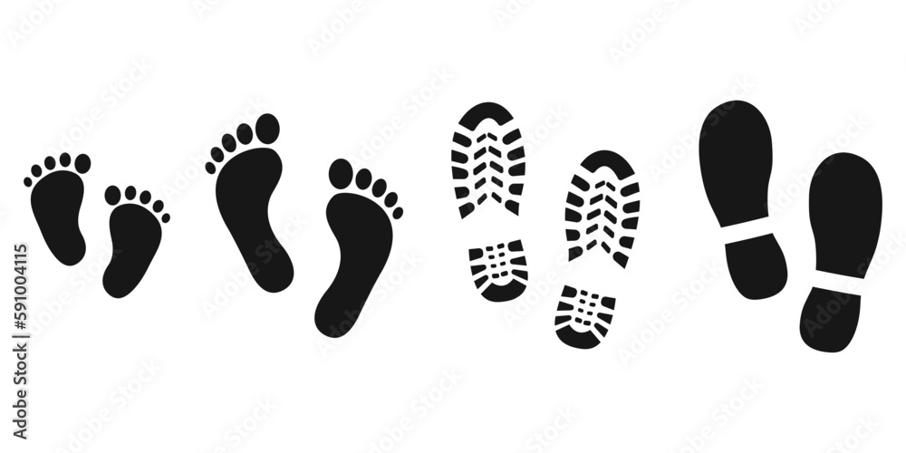 Vector of human shoes, bare feet, baby footprints icon set isolated on white background Vector of human shoes, bare feet, baby footprints icon set isolated on white background