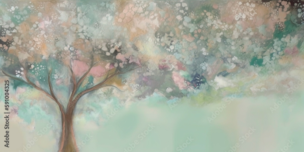 Illustration of a flowering tree painted in watercolor. abstract soft colors detailed layered