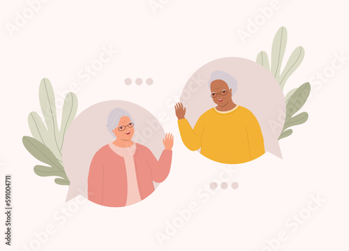 Two Smiling Female Senior Friend With Different Ethnic Inside Chat Bubble Greeting With One Another. Half Length. Flat Design Style, Character, Cartoon.