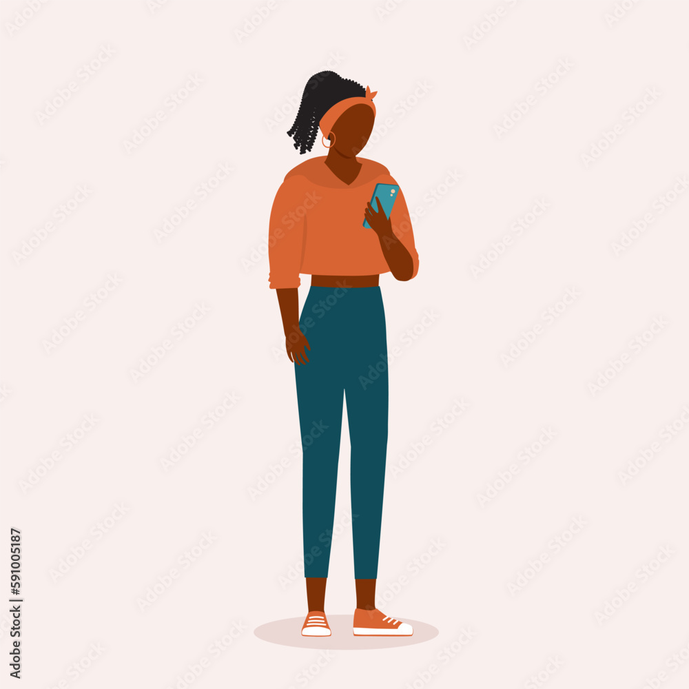 One Black Teenage Girl Using Her Mobile Phone. Digital Native. Full Length. Flat Design Style, Character, Cartoon.