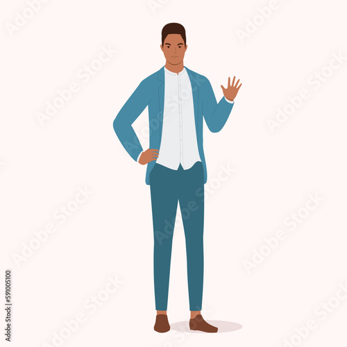 One Angry Black Businessman With Stop Hand Gesture. Full Length. Flat Design Style, Character, Cartoon.