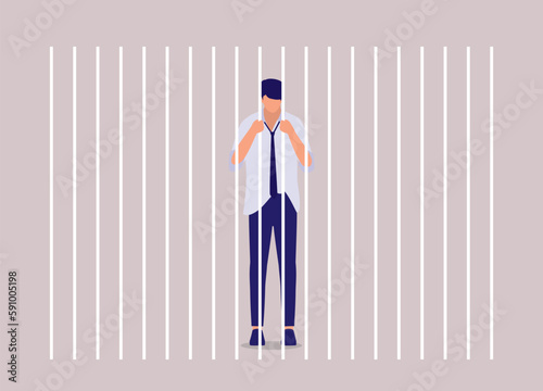 One Sad Businessman With Head Facing Down Standing Inside Prison Cage. Full Length. Flat Design Style, Character, Cartoon.