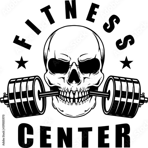 A black and white vector illustration of a skull with a barbell in its teeth, perfect for fitness and gym-related designs