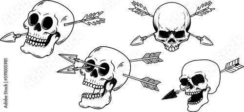 Set of skulls with crossed arrows. Design element for poster, card, banner, emblem, sign. Vector illustration