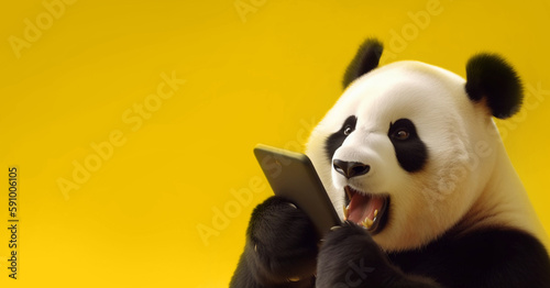Panda shouting through megaphone isolated on yellow background. Generative ai