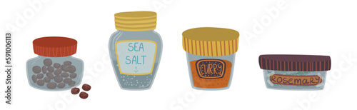 Containers with Spice and Seasoning for Food Flavour Vector Set