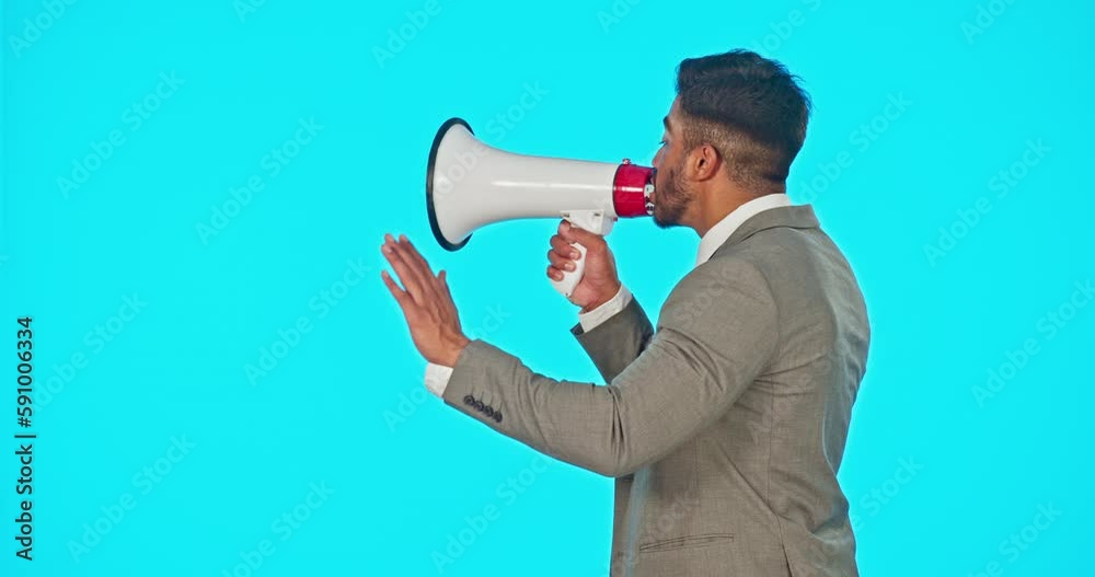 Business man, speaker and megaphone isolated on blue background broadcast, breaking news or announcement. Profile of professional person with voice, warning and attention, opinion or speech in studio Business man, speaker and megaphone isolated on blue background broadcast, breaking news or announcement. Profile of professional person with voice, warning and attention, opinion or speech in studio