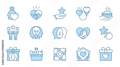 Mental health icons, such as donation, charuty, empathy, integrity and more. Vector illustration isolated on white. Editable stroke. Change to any size and any colour.