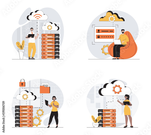 Cloud data center concept with character set. Collection of scenes people work in server room with computing process, technical engineers with hardware racks. Vector illustrations in flat web design
