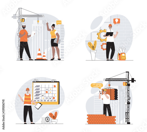 Construction engineer concept with character set. Collection of scenes people work as builders, architects with blueprints, real estate inspectors and workers. Vector illustrations in flat web design