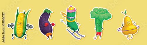 Funny Fruit and Vegetable Doing Sport and Fitness Health Sticker Vector Set