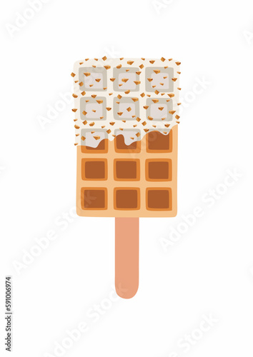 Dessert food vector illustration of golden brown homemade corn dog on a stick with white chocolate and nuts. photo