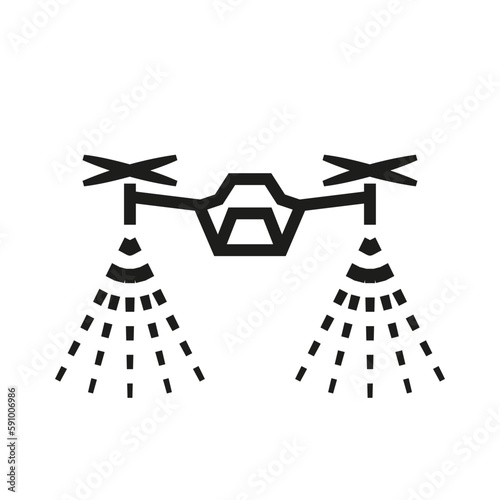 Drone spraying agent on crops.  Black illustration of agricultural automation. Contour isolated vector image on white background