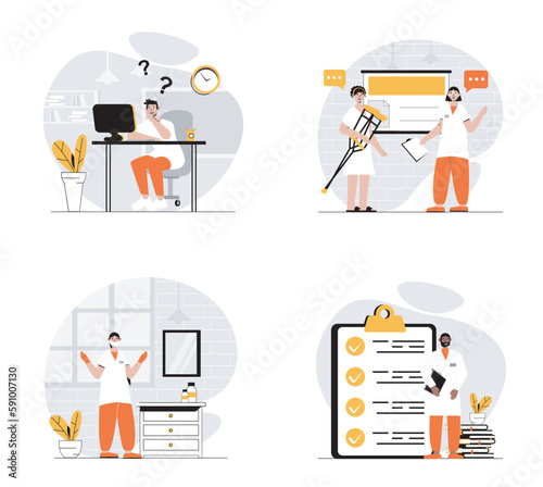 Medicine concept with character set. Collection of scenes people works as doctor and nurses, doing online consults, diagnose patients and prescribe treatment. Vector illustrations in flat web design