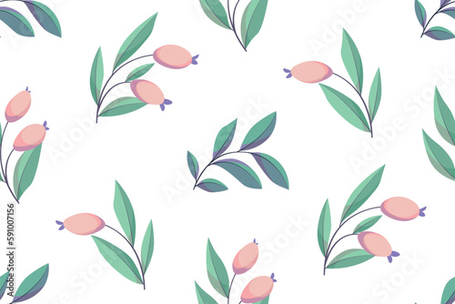 Seamless floral pattern  delicate ornament with a rustic motif  foliage and berries on a white background. Cute botanical design  hand drawn small berries  large leaves  branches. Vector illustration.