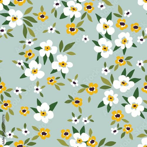 Seamless floral pattern, liberty ditsy print with pretty spring botany. Cute botanical design for fabric, paper: small hand drawn flowers, tiny leaves on a light blue background. Vector illustration.