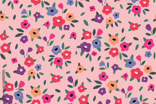 Seamless floral pattern, liberty ditsy print of cute colorful meadow. Pretty botanical design for fabric, paper: tiny hand drawn flowers, small leaves on pink background. Simple flower surface. Vector