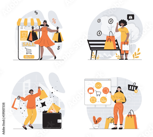 Shopping concept with character set. Collection of scenes people making bargain purchases, ordering new products online and buying in stores on seasonal sales. Vector illustrations in flat web design