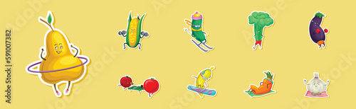 Funny Fruit and Vegetable Doing Sport and Fitness Health Sticker Vector Set