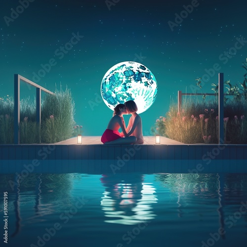 Lesbian couple relaxing in swimming pool at night, love, hugs and acceptance, Generative AI