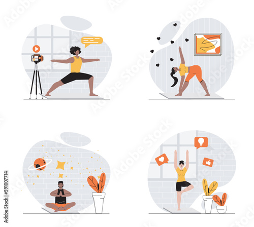 Yoga asanas concept with character set. Collection of scenes people doing yoga practice or stretching, meditation in lotus pose, trainer recording video lesson. Vector illustrations in flat web design