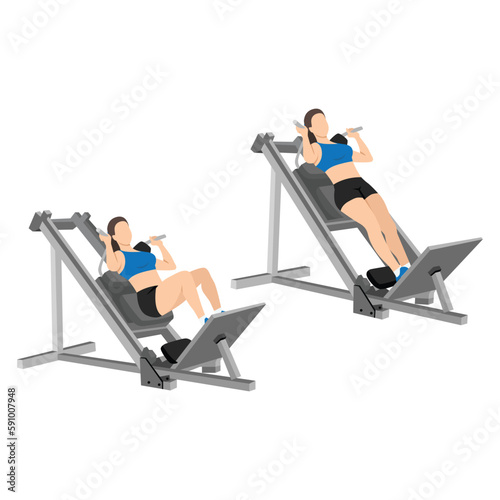 Woman doing machine hack squat exercise. Flat vector