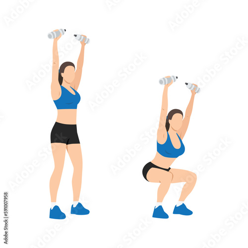 Woman doing Overhead water bottle squats exercise. Flat vector