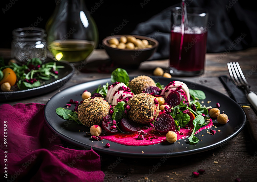 Beetroot Salad with Roasted Chickpeas, Tahini Sauce and Vegetarian Scotch Eggs Generative AI Illustration