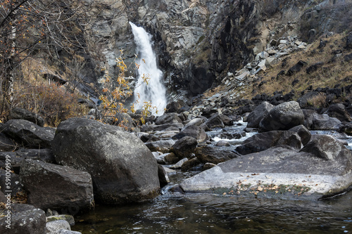 View of Kurkure waterfall in Chulyshman valley in Altay mountains