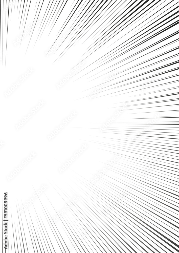 Manga radial speed lines for comic effect. Motion and force action focus flash strip lines for vertical anime comic page. Vector background illustration of black ray manga speed frame or splash