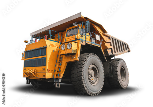 Large quarry dump truck. Big yellow mining truck at work site. Loading coal into body truck. Truck transparent background . Mining truck mining machinery to transport coal from open-pit production
