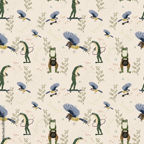 Seamless pattern with frogs and birds. Frog on skateboard, frog with weight, bird in aviator hat on beige background. Print for kids design, textile, paper, books 