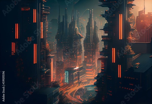 future technology city illustration cyberpunk city Connecting cities in the tech world 3d rendering. Generative AI