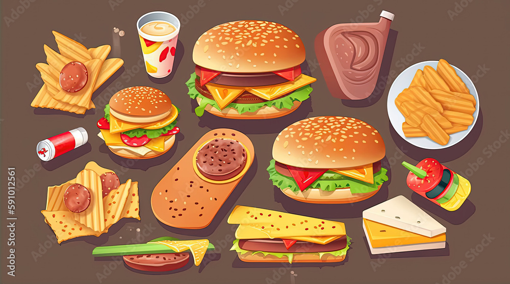 Fast food set in flat style. Pizza, burger, burrito, hot dog, soda, donut, cookie, french fries, fried chicken amd soft drink. Unhealthy food vector icons. Generative AI